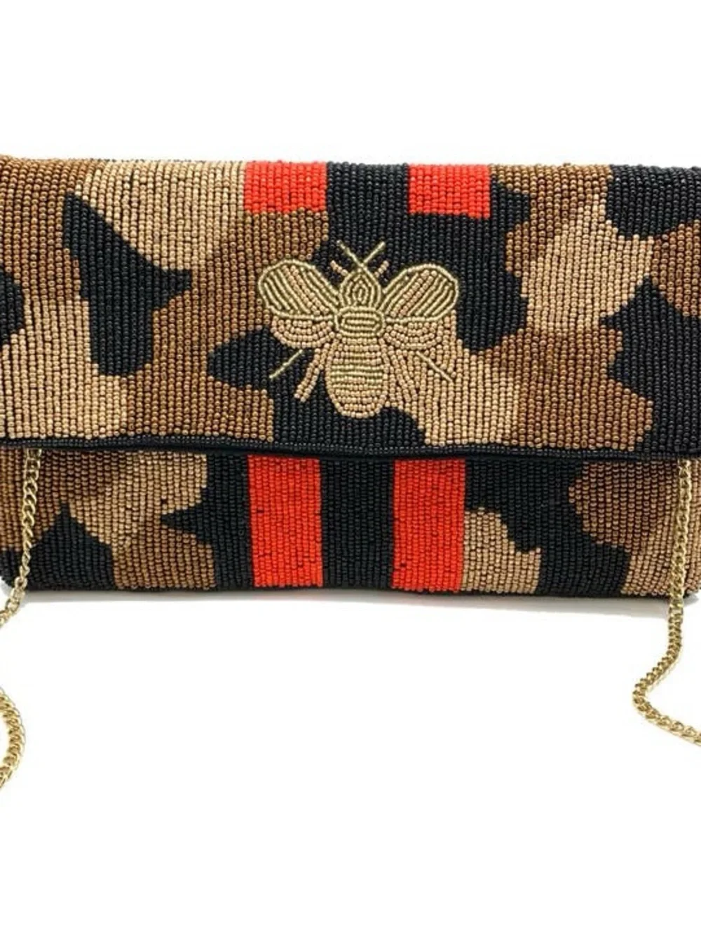 Beaded Bee Embellished Clutch - Brown/Black/Red